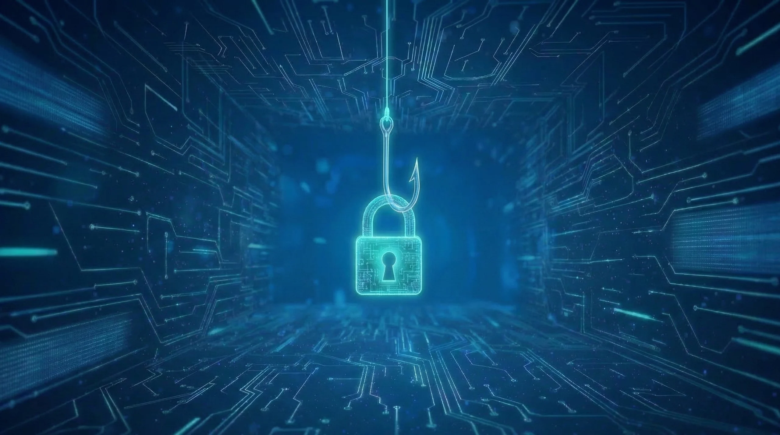 Дигитална кукичка улавя катинар в киберпространство – концепция за фишинг атака и кражба на данни.