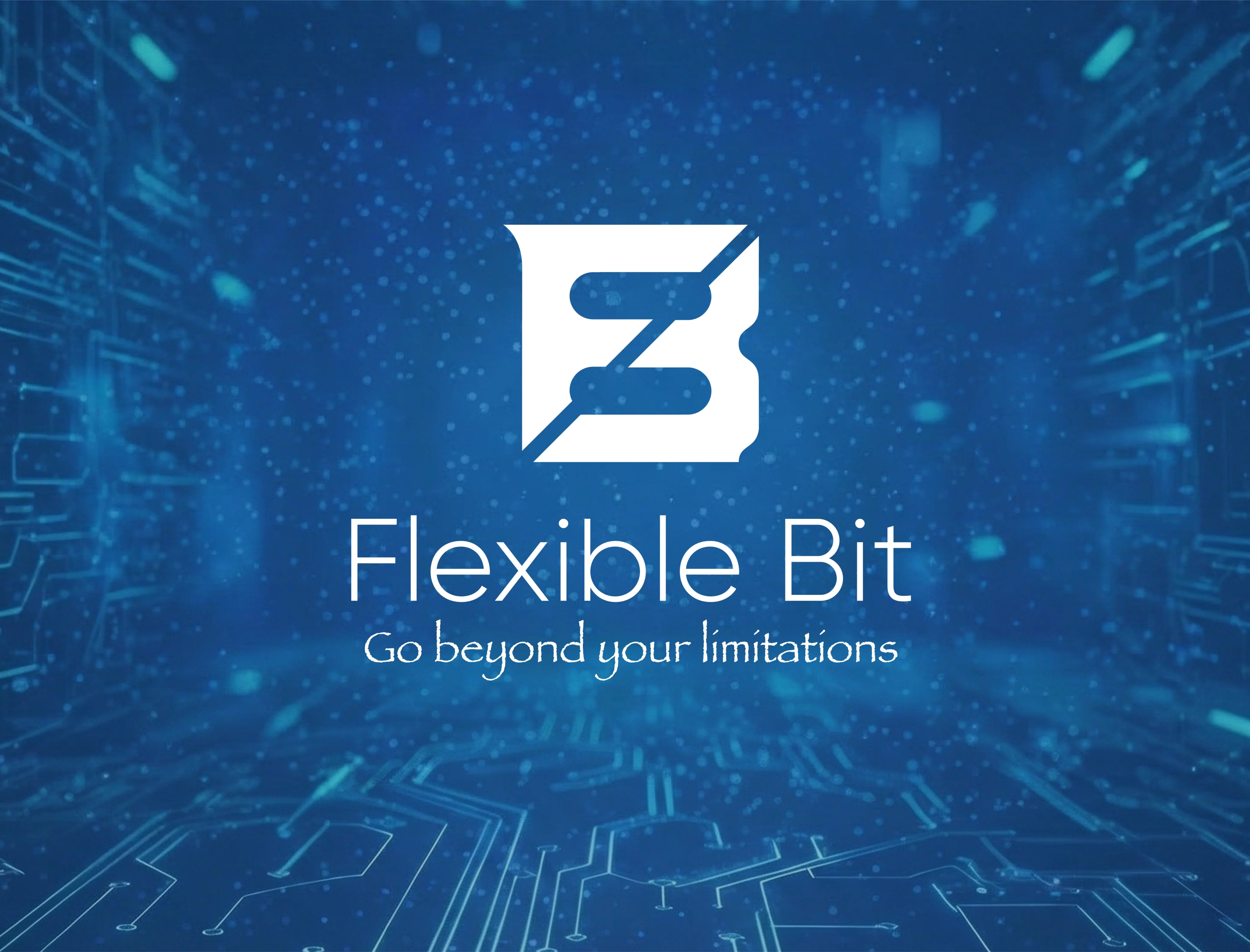 Лого на Flexible Bit върху технологичен сифонен фон, символизиращо иновативни решения в киберсигурността и ИТ консултациите.